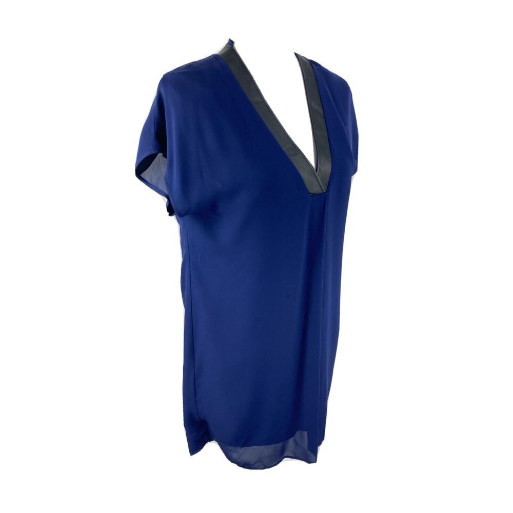 Vince Silk Tunic Dress Cap Sleeve V Neck Mini Blue Lamb Leather Trim Popover S - Picture 3 of 10